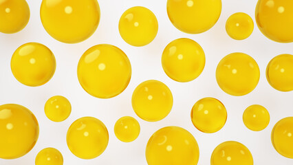3D Illustration.Multiple yellow water droplets on a white background. Background material. (Horizontal)