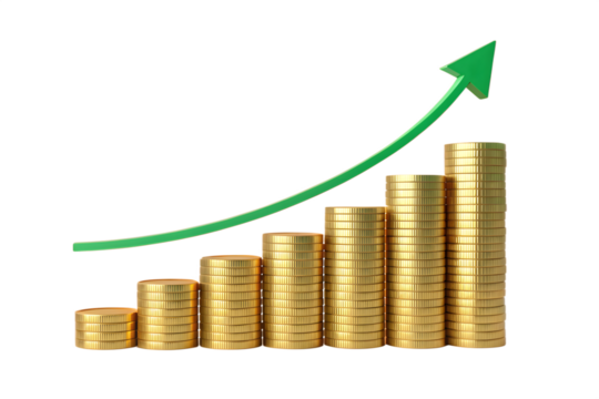Gold coins stacked in increasing order with a green arrow graph isolated on transparent background