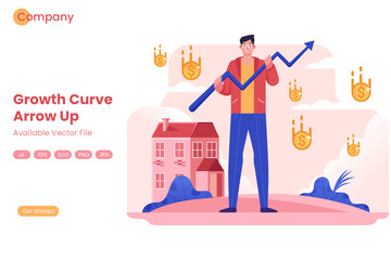 Man holding upward growth chart with coins falling near a house