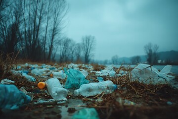 Obraz premium The image depicts the devastating impact of pollution on a natural environment, with plastic waste littering the landscape, emphasizing the critical need for conservation efforts