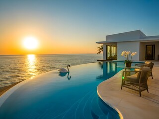 Luxury infinity pool at sunset overlooking the ocean with modern villa architecture