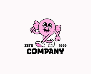 Candy mascot character logo featuring a pink round sweet with arms, legs, and sneakers, happily walking with a smile for candy shops, bakery branding, confectionery vector illustration hand drawn