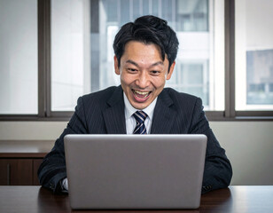 ノートパソコンを見て大喜びのビジネスマン