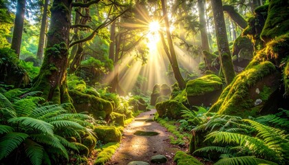 Magical morning light illuminates a winding path in a vibrant, ancient woodland.