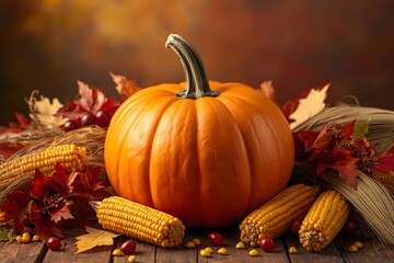 Autumn holiday pumpkin and corn, thanks giving theme