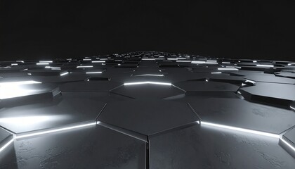 Abstract dark background with glowing hexagonal pattern, futuristic tech.