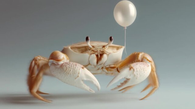 A realistic pale crab with orange legs and claws stands on a light surface, a white balloon tied to its back, blue background