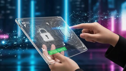 Hands operate futuristic transparent tablet showing digital lock an active fingerprint scan and ACCESS GRANTED A glowing network of blue and purple lines forms the dynamic background - Powered by Adobe