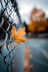 Close-up of golden leaf caught in a chain-link fence, soft background of trees and court