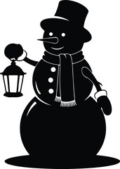 Vector silhouette of happy snowman holding lantern illustration