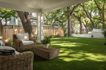 Outdoor living space with wicker furniture under a porch, leading to a grassy lawn and trees