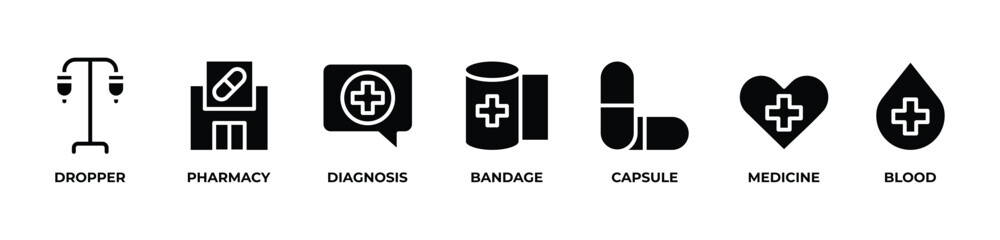 From Diagnosis to Pharmacy Icons set vector illustration glyph with DROPPER, PHARMACY, DIAGNOSIS, BANDAGE, CAPSULE, MEDICINE, BLOOD