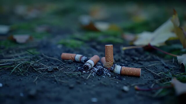 Discarded Cigarette Butts Smoldering on Dark Ground with Ash and Autumn Leaves Environmental Pollution from Smoking Unhealthy Lifestyle and Neglect