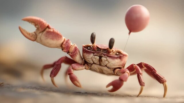 A whimsical red crab with raised claws celebrates on a sandy shore, holding a single pink balloon