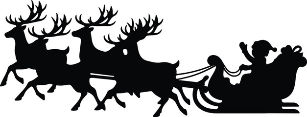 Vector silhouette Santa Claus in sleigh pulled by reindeer illustration
