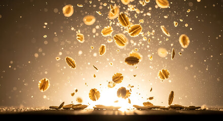 Macro shot of falling oats in motion, capturing the texture and detail of each flake against a warm light