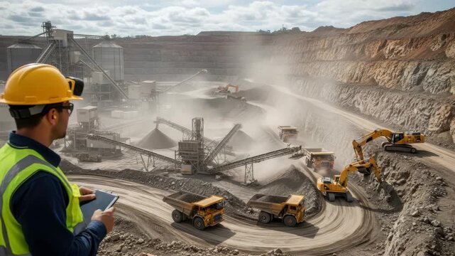 supervisor in hard hat overlooks vast dusty open-pit mine with multiple yellow dump trucks excavators conveyor belts silos and processing equipment actively operating