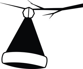 Vector silhouette santa hat hanging from branch illustration