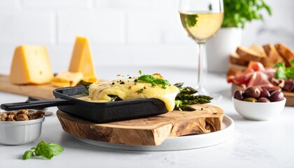 Melted raclette cheese with asparagus, wine, olives & charcuterie board. Gourmet appetizer.