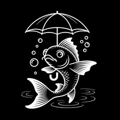 A whimsical illustration of a white fish swimming gracefully under the protection of an umbrella, surrounded by floating bubbles against a stark black backdrop, creating a charming scene
