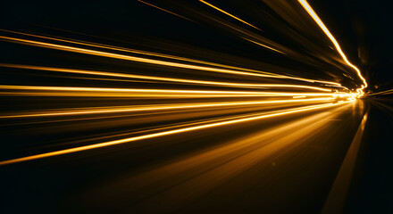 Dynamic streaks of golden light illuminating a dark tunnel environment