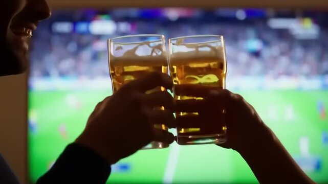 Friends toasting beer with watching soccer.