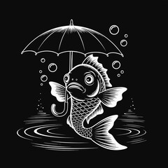 A charming illustration of a white fish swimming under an umbrella, surrounded by bubbles and water ripples against a black backdrop, creating a delightful scene
