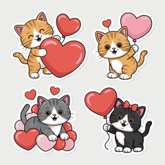 Charming cartoon illustration featuring four adorable kittens surrounded by red and pink heart balloons, perfect for valentines day or any occasion celebrating love and friendship isolated on white ba
