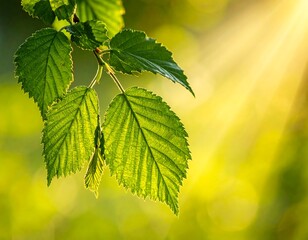 Vibrant green leaves, bathed in sunlight, showcase intricate leaf veins against a soft, out-of-focus background of springtime foliage.