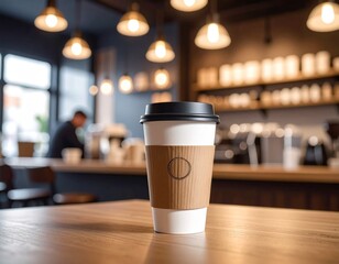テーブルに置かれたテイクアウト用コーヒーカップと温かい雰囲気のカフェ店内背景｜コーヒー,カフェ,テイクアウト,紙コップ,飲み物