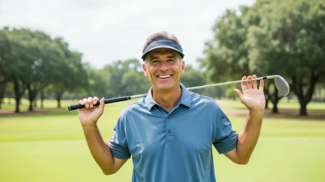 smiling middle-aged man in blue polo shirt and visor holds golf club across his shoulders on sunny golf course Lush green fairways and trees are visible in the background