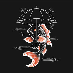 Artistic illustration of a koi fish gracefully swimming under an umbrella, creating a surreal and captivating scene with contrasting elements against a dark background