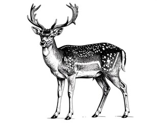 Black and White Illustration of a Majestic Deer with Antlers on a White Background