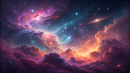 Obraz premium Stunning illustration of a colorful galaxy nebula glowing in vibrant hues of purple, blue, pink, and orange with countless stars scattered across deep space.