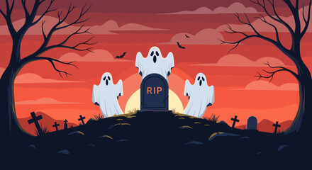 Three spooky ghosts rise from the graves on Halloween night under a fiery sunset.