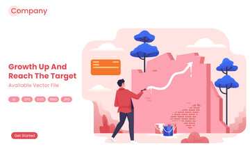 Man paints growth arrow on wall with paint cans and trees nearby