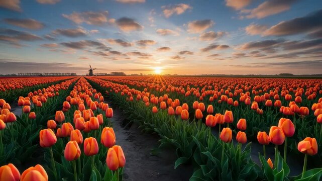 field of orange-red tulips stretches to the horizon under beautiful sunset sky with scattered clouds A lone windmill stands in the distance completing this breathtaking floral landscape