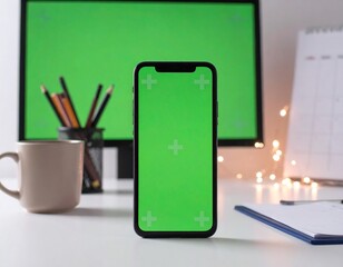 Smartphone on desk with green screen