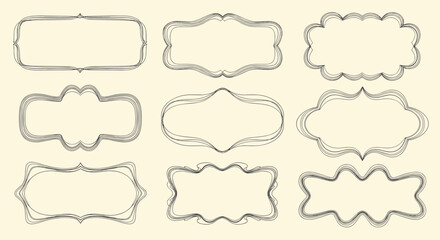 A collection of nine ornamental decorative vintage frames and borders on a textured background.