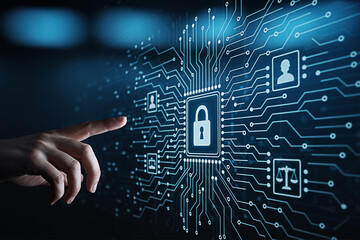 Finger touching a digital padlock on a futuristic circuit board for cybersecurity