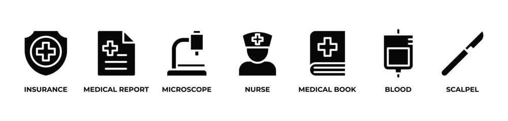 From Insurance to Scalpel Icons set vector illustration with glyph INSURANCE, MEDICAL REPORT, MICROSCOPE, NURSE, MEDICAL BOOK, BLOOD,SCALPEL