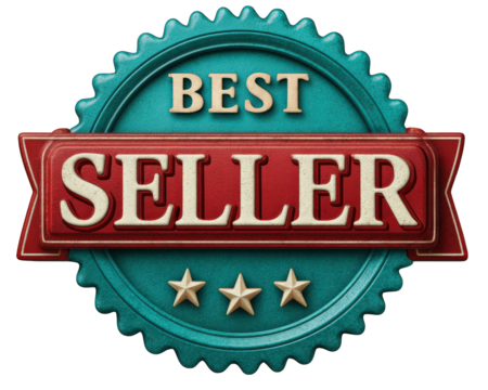 Best seller badge with retro frame, teal and red color, three stars, vintage style, textured surface, promotional label, isolated on transparent background