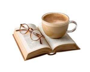 Open book eyeglasses and coffee cup on transparency background cozy reading atmosphere warm light relaxation study literature caffeine leisure inviting mood