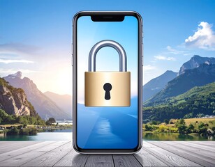 Smartphone with lock screen, scenic background
