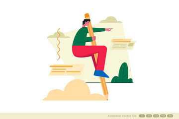 Man riding giant pencil pointing with abstract elements