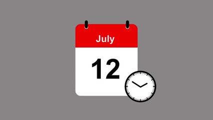 12 July month calendar icon animation. A simple and modern motion graphic showing date change and time for July 12. Perfect for business scheduling.