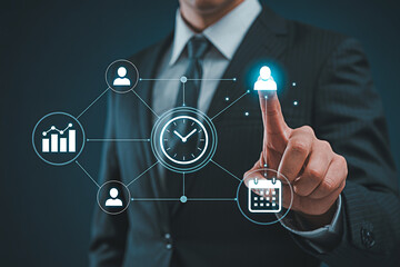 Businessman interacting with virtual interface for time management and project planning efficiently