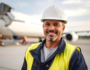 Smiling airport worker near plane