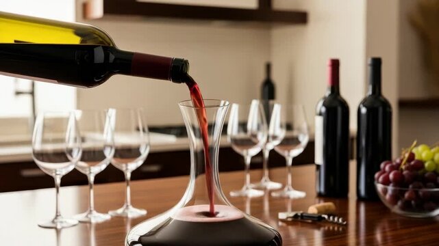 Red liquid pours from bottle into wide glass decanter on polished wood table Multiple empty stemmed glasses two more bottles corkscrew and bowl of red and green grapes complete the scene
