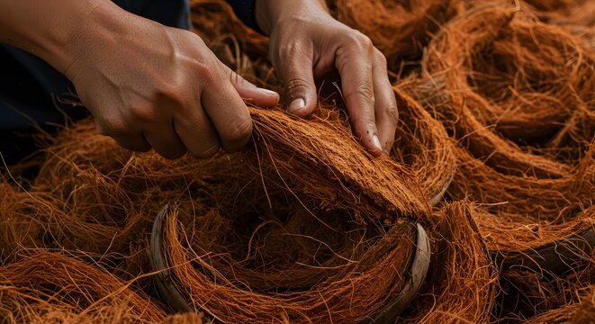 Skilled hands expertly separate strong coir fibers from coconut husks, focusing on texture and extraction of core, valuable essence from raw material
